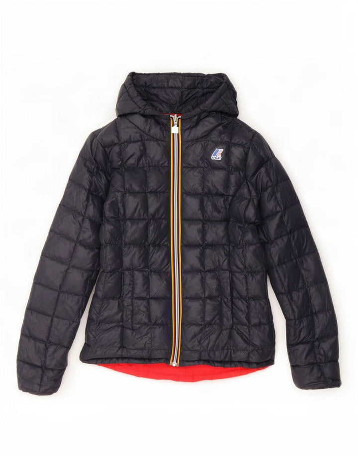 Jaqueta acolchoada reversível com capuz feminino K-Way Reino Unido 10 pequeno azul marinho