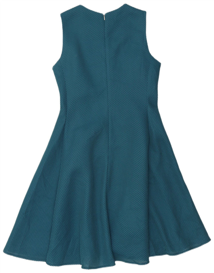 Vestido feminino DKNY sem mangas evasê US 10 grande poliéster geométrico azul