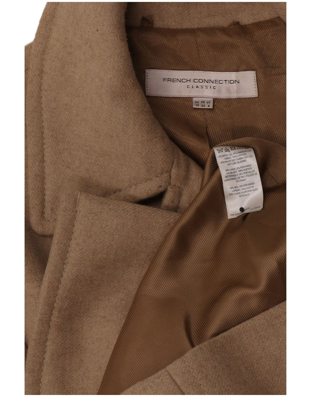 Casaco feminino com peito duplo French Connection UK 12 lã bege médio