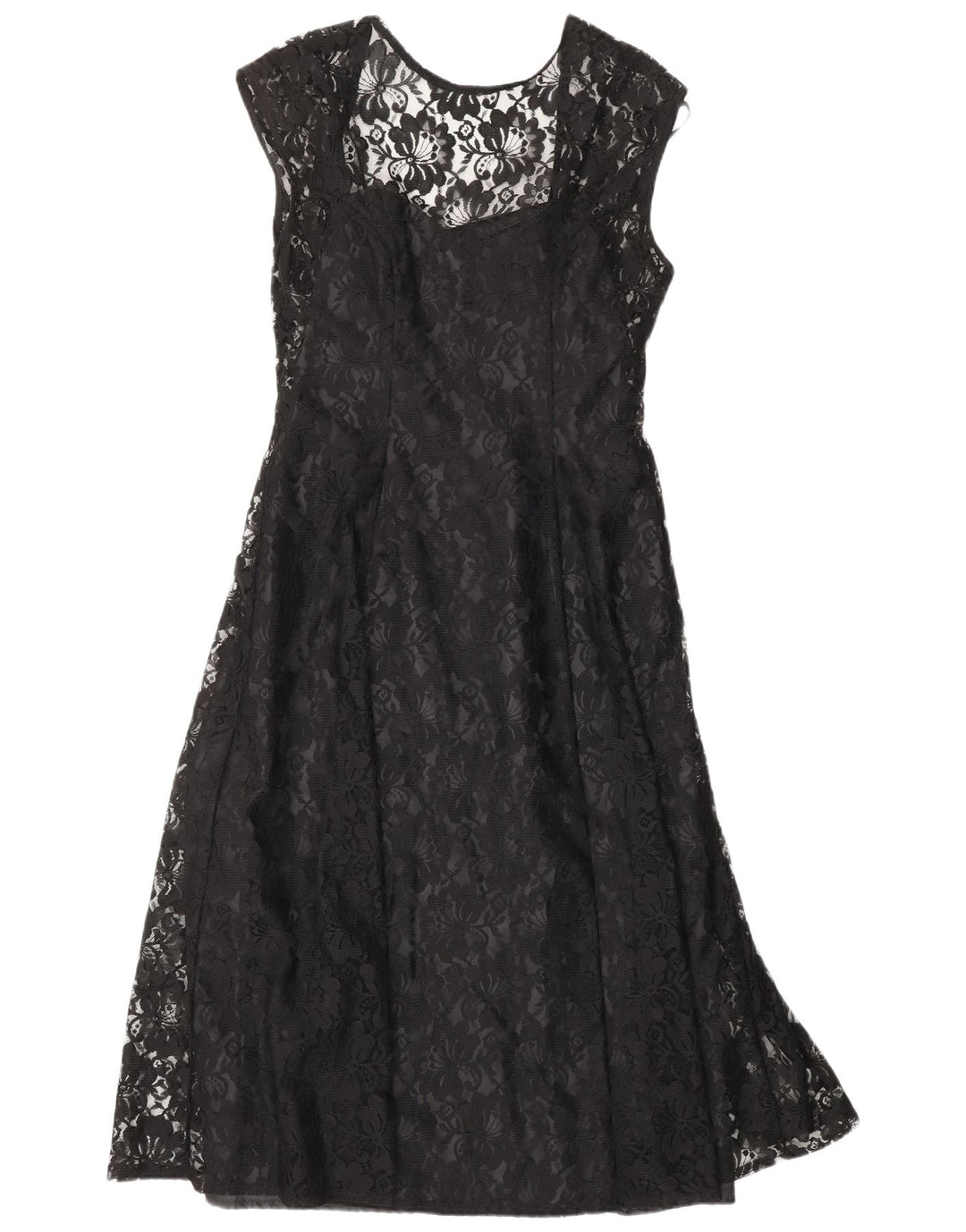 Vestido feminino clássico evasê UK 12 médio preto floral nylon