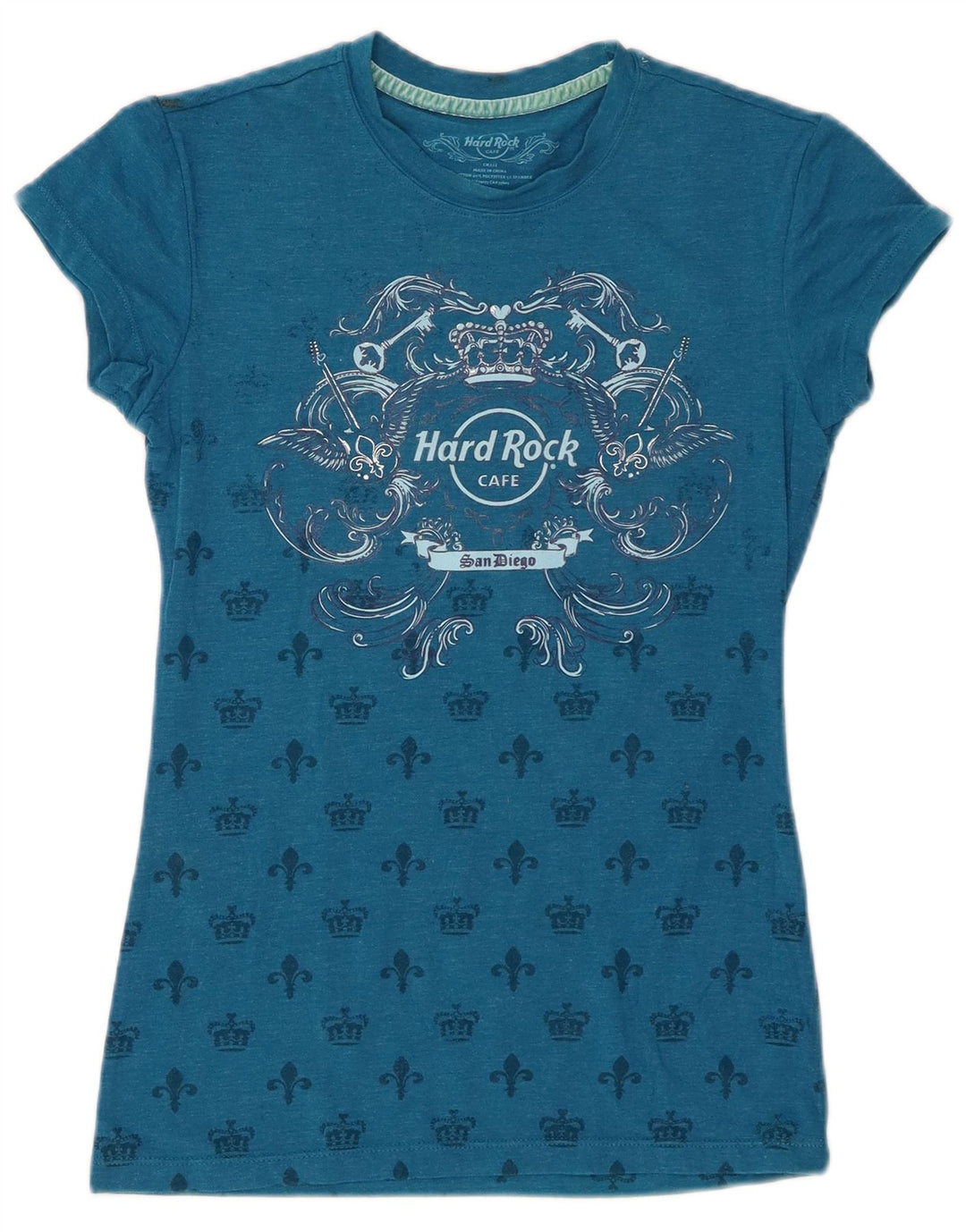 Camiseta feminina HARD ROCK CAFE San Diego com estampa gráfica Reino Unido 8 algodão azul pequeno