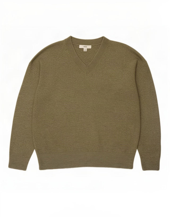 Suéter masculino Marks & Spencer com decote em V, poliéster verde médio