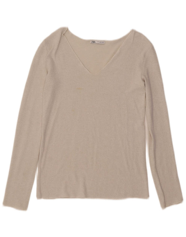 Top feminino Zara manga comprida UK 10 pequeno branco
