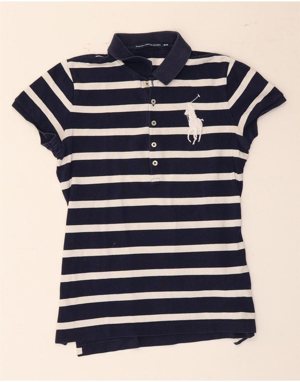 Camisa polo feminina Ralph Lauren Reino Unido 12 algodão listrado azul marinho médio