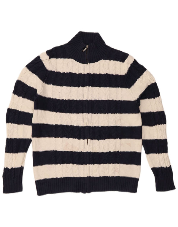 L.L.BEAN Womens Cardigan Sweater UK 14 Medium Navy Blue Striped Cotton