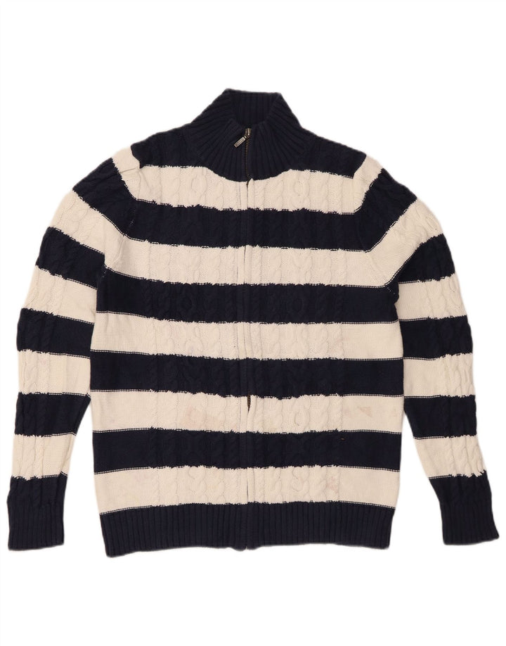 Suéter cardigã feminino L.L.BEAN Reino Unido 14 algodão listrado azul marinho médio