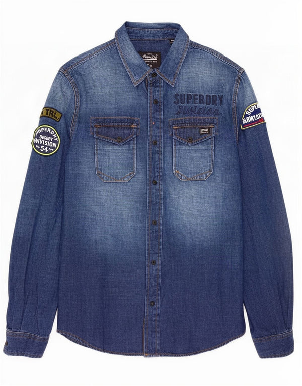 Camisa jeans masculina Superdry pequena azul algodão