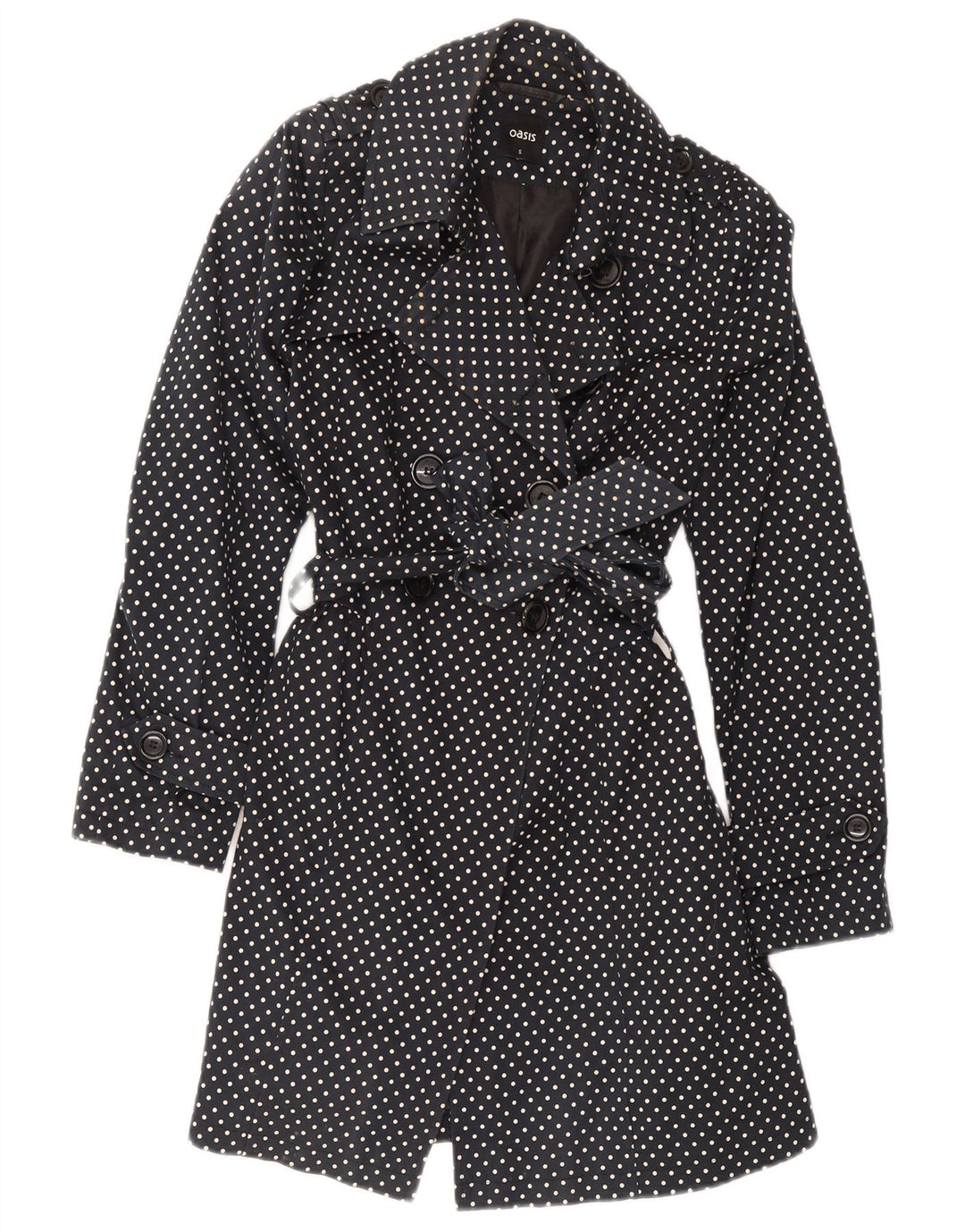 Trench Coat feminino Oasis UK 8 pequeno algodão preto com bolinhas