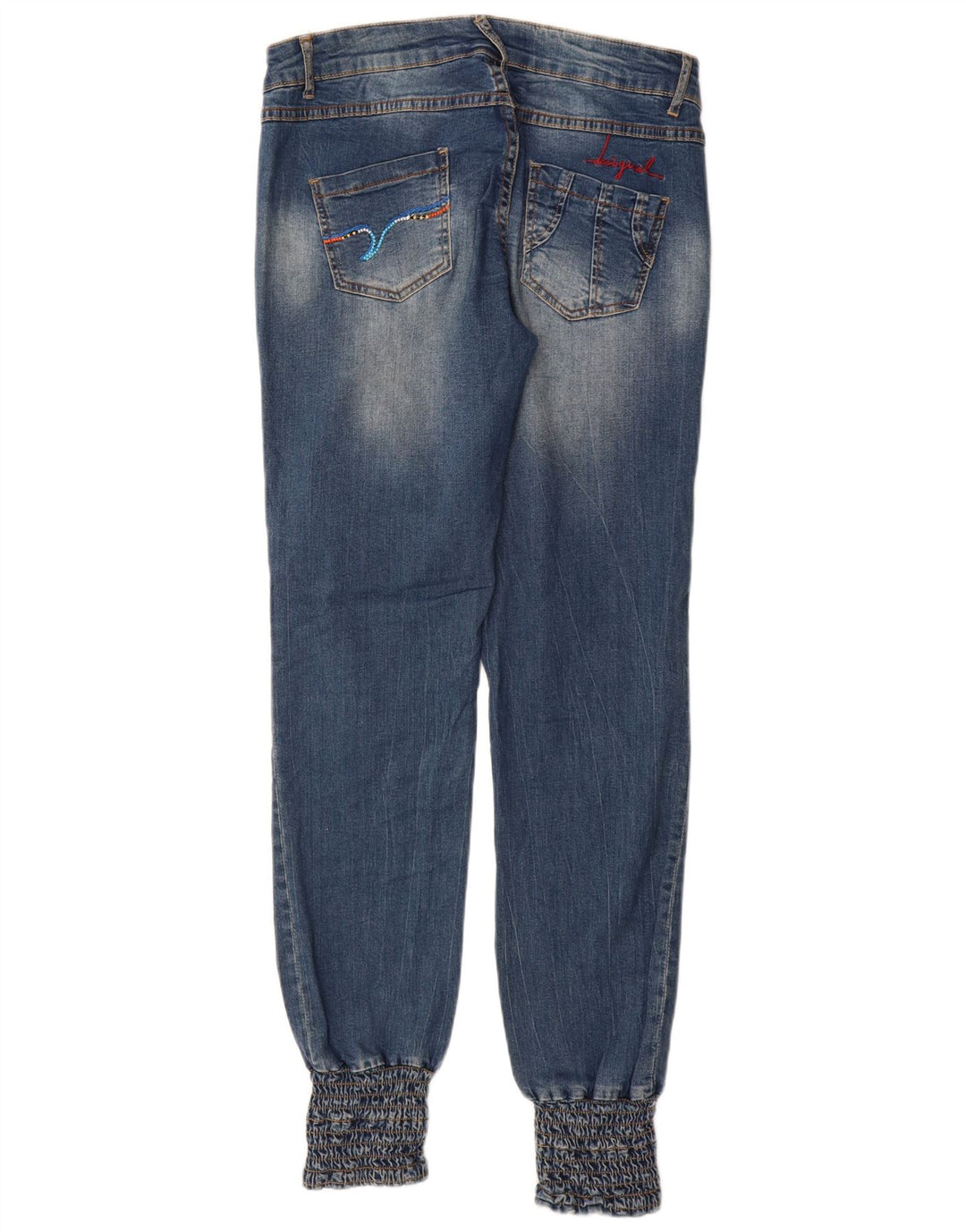 Calça jeans feminina Desigual cintura baixa W34 L32 azul patchwork