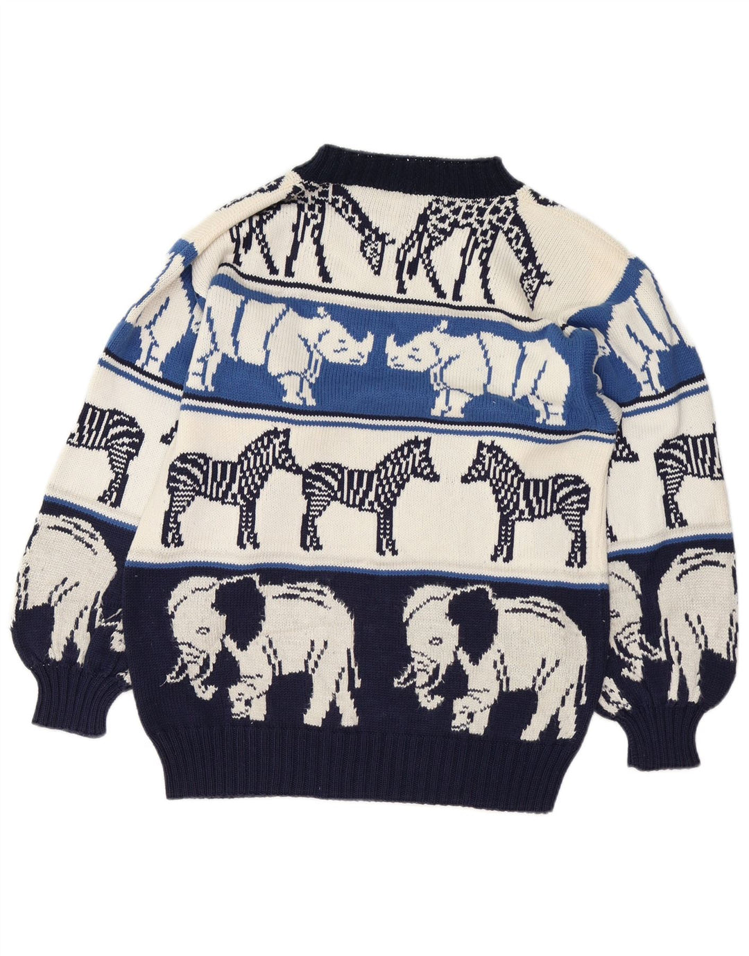 Suéter feminino VINTAGE com gola redonda UK 18 XL azul marinho estampa animal