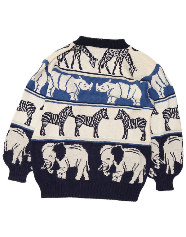 Suéter feminino VINTAGE com gola redonda UK 18 XL azul marinho estampa animal