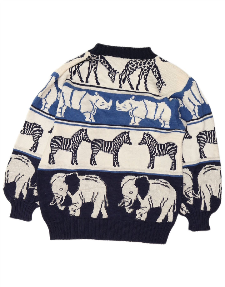 Suéter feminino VINTAGE com gola redonda UK 18 XL azul marinho estampa animal