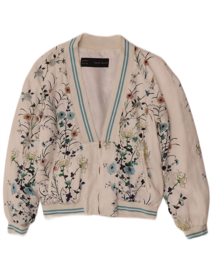 Zara Womens Graphic Bomber Jacket UK 6 XS Branco Floral Poliéster