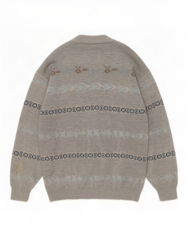 Suéter Cardigan Masculino Vintage XL Lã Listrada Cinza