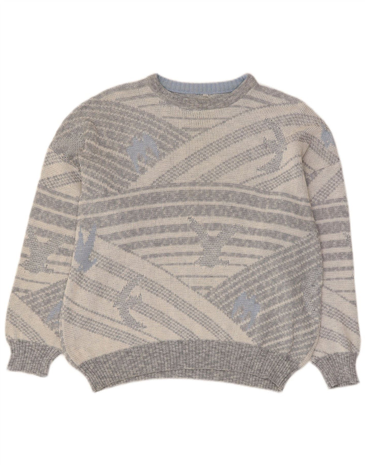Suéter vintage masculino com gola redonda IT 50 cinza médio geométrico