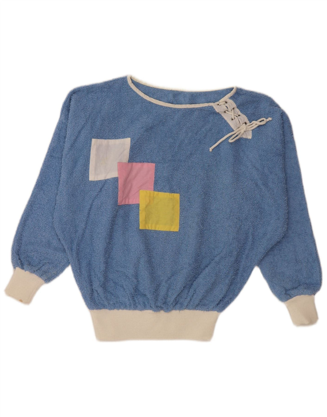 Suéter feminino VINTAGE com gola canoa Reino Unido 16 grande bloco colorido azul