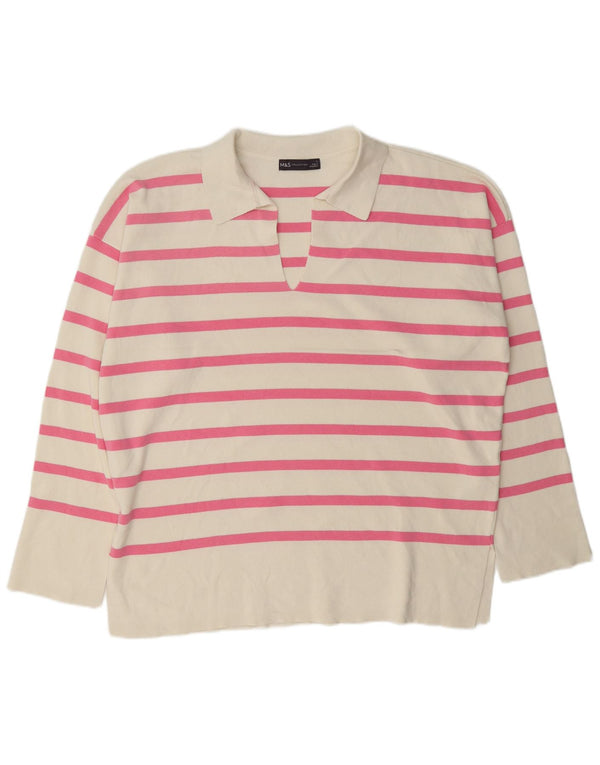 Suéter feminino Marks & Spencer com gola polo e listras brancas grandes UK 14