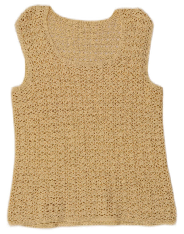 Regata feminina vintage de crochê com colete UK 6 XS amarelo