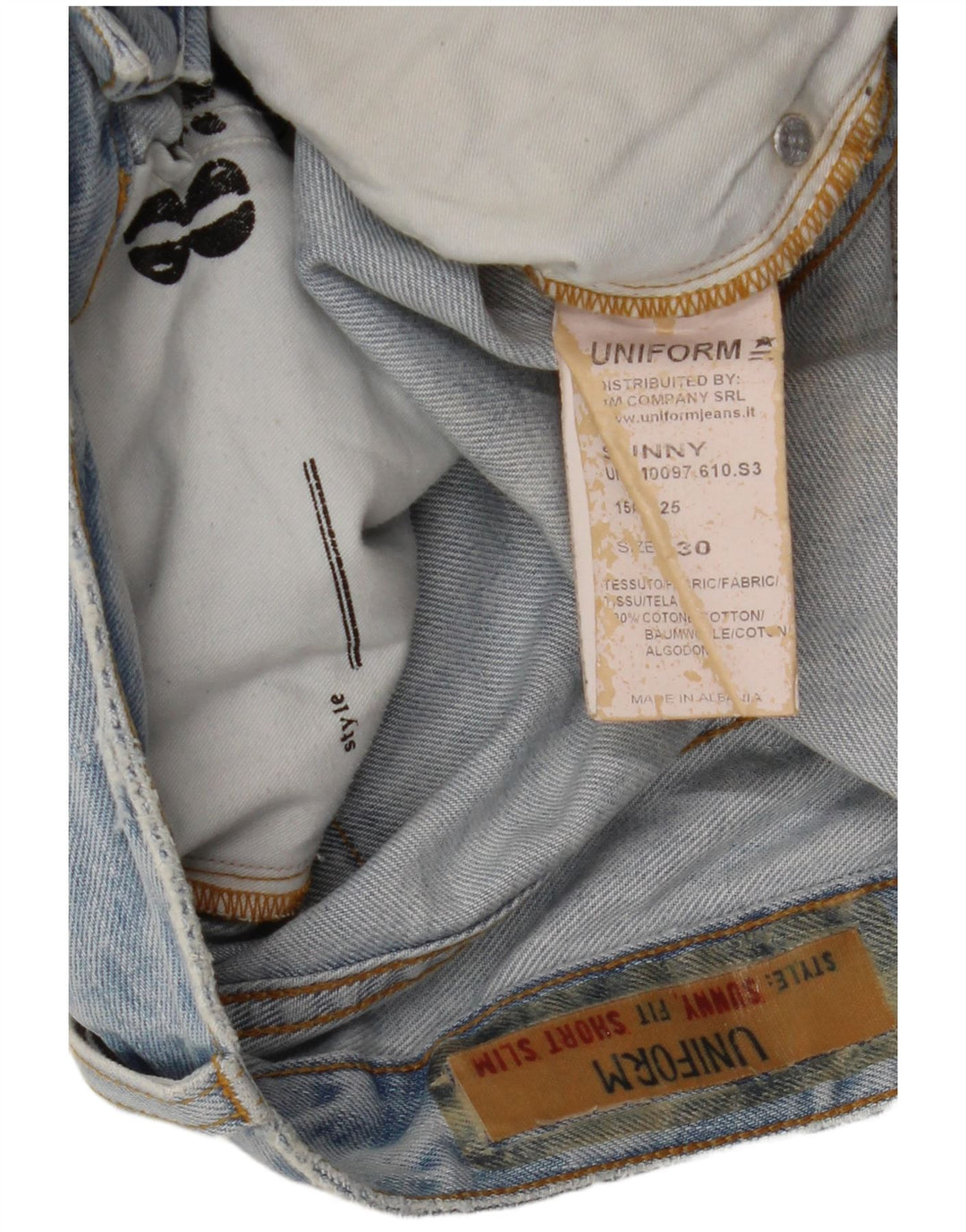 Shorts jeans angustiados masculinos uniformes W30 algodão azul médio
