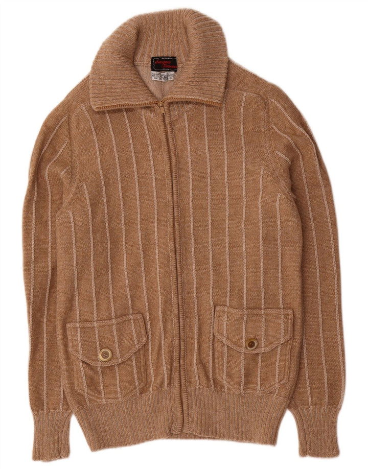 Suéter cardigã masculino vintage de lã listrada marrom pequena