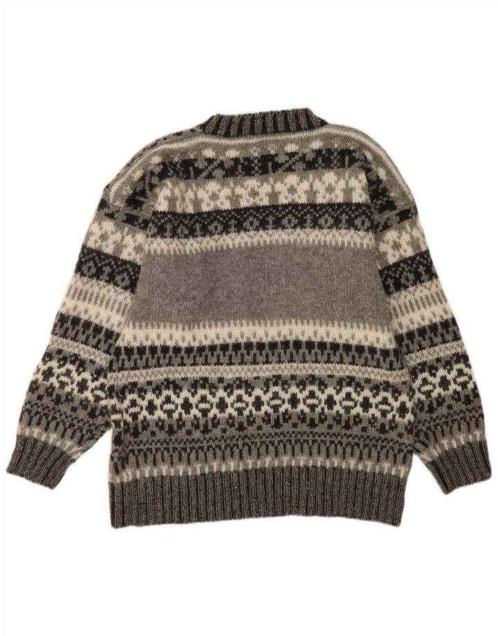Suéter vintage masculino com gola redonda grande cinza Fair Isle poliacrílico