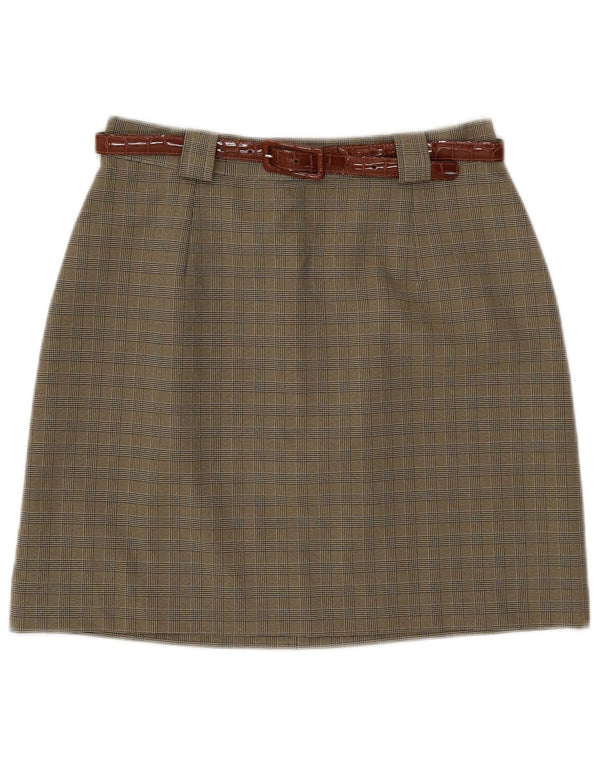 Saia vintage feminina evasê IT 46 grande W28 cáqui xadrez poliéster