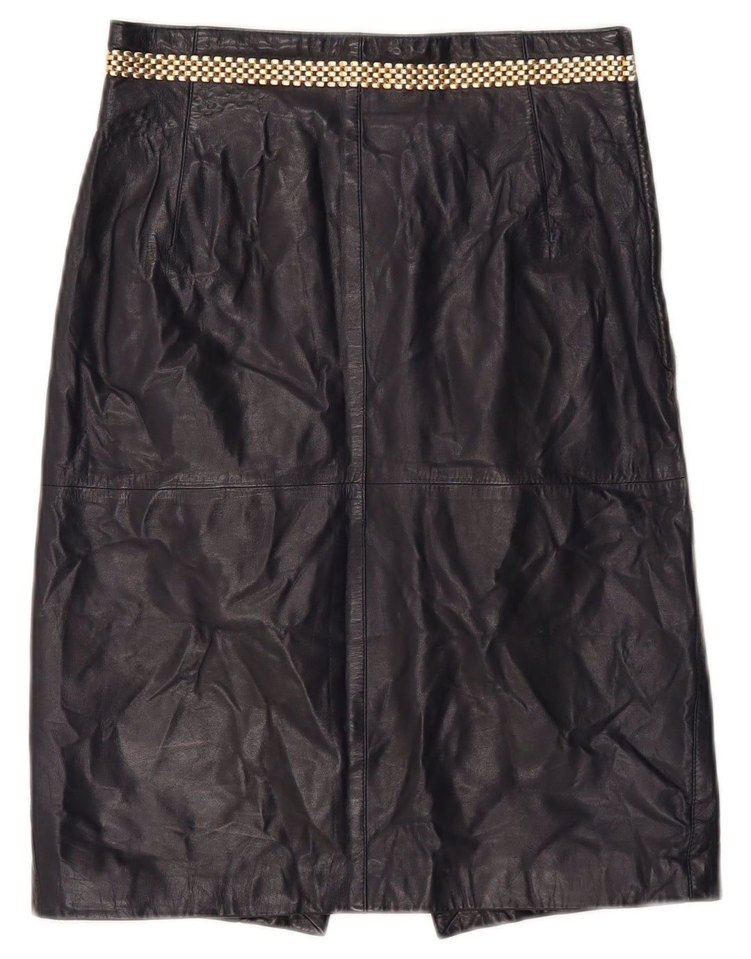 Saia de couro feminina vintage IT 46 médio W26 couro azul marinho