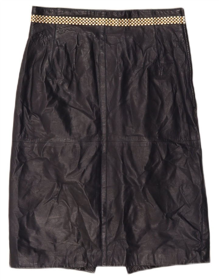 Saia de couro feminina vintage IT 46 médio W26 couro azul marinho