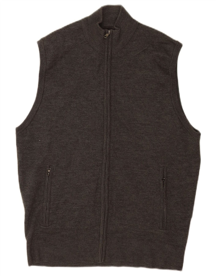 Suéter cardigã masculino sem mangas Marks & Spencer lã merino cinza médio
