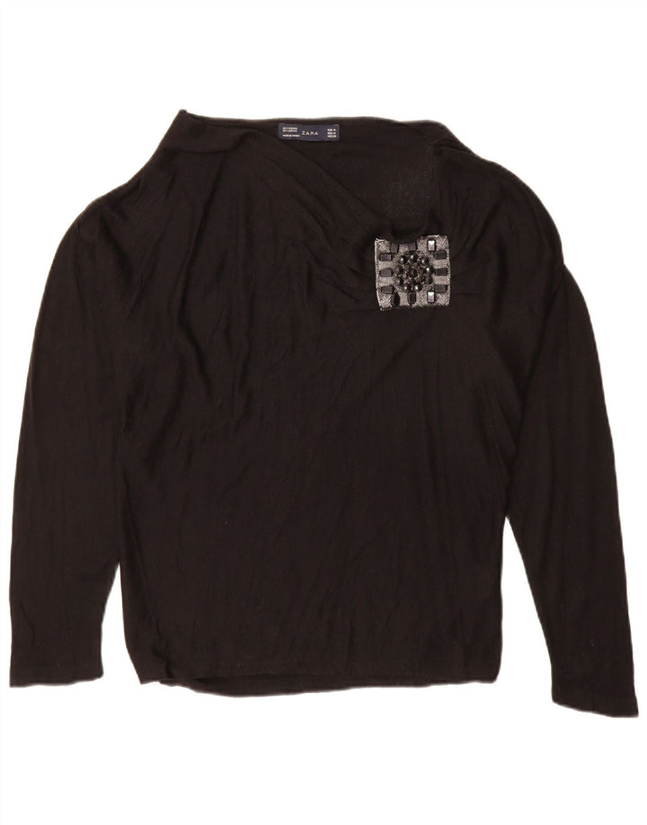 Top feminino Zara de manga comprida UK 14 viscose preta média