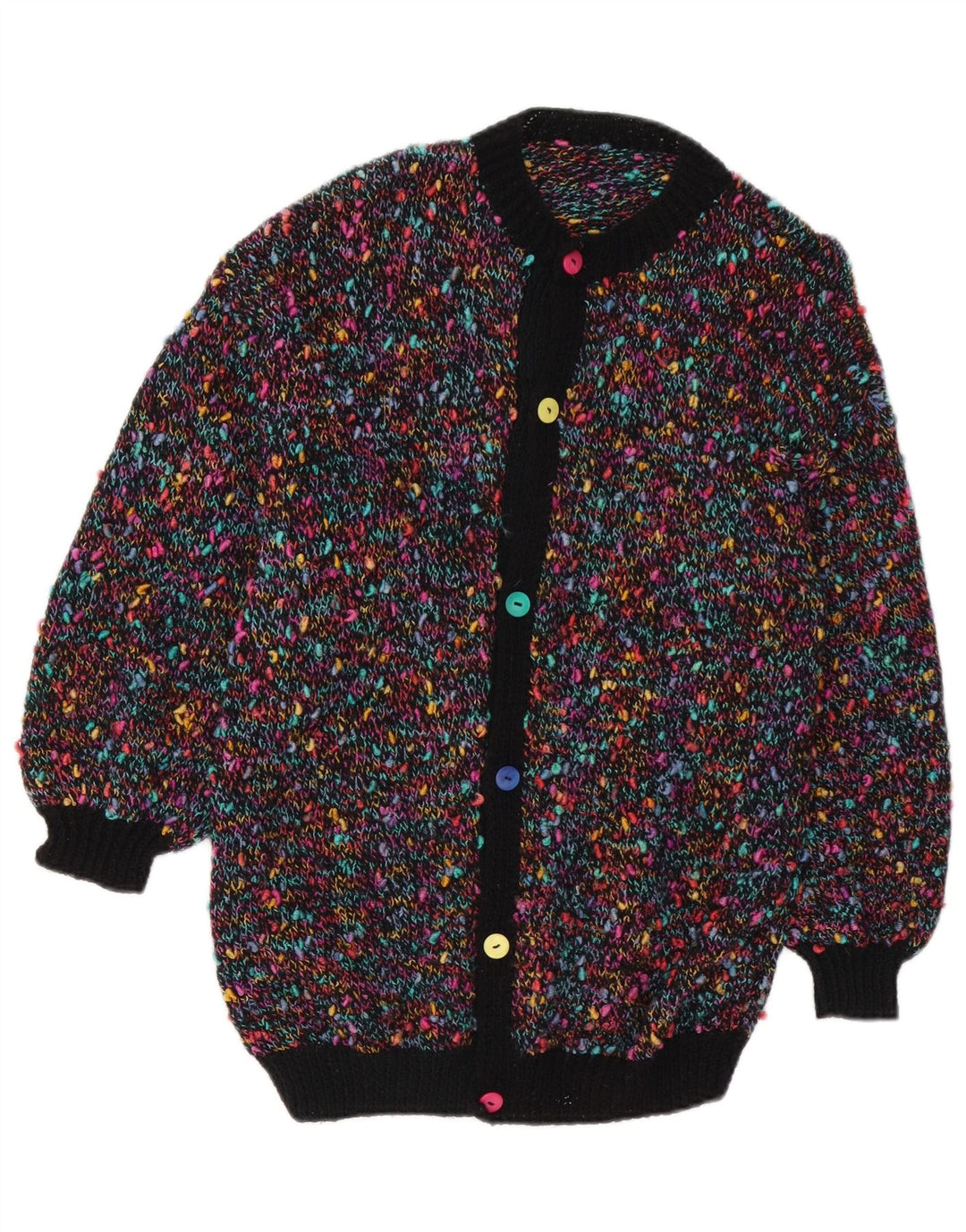 Suéter cardigã feminino vintage Reino Unido 14 médio multicolorido manchado