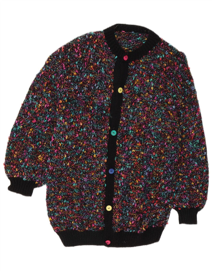 Suéter cardigã feminino vintage Reino Unido 14 médio multicolorido manchado