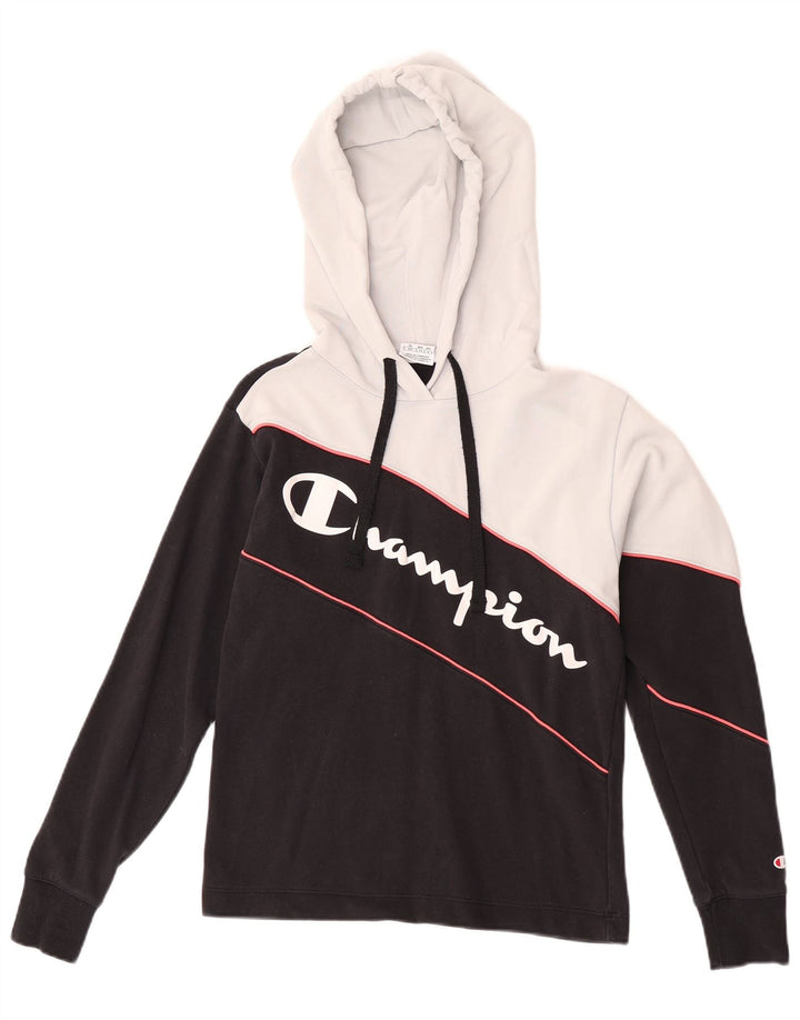 Top gráfico feminino Champion de manga comprida UK 10 pequeno bloco colorido preto