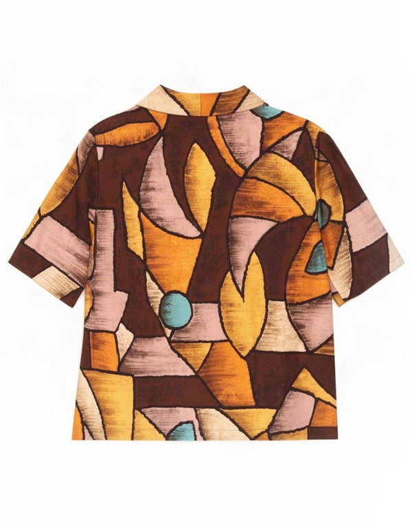 Blusa feminina vintage UK 14 média multicolorida geométrica