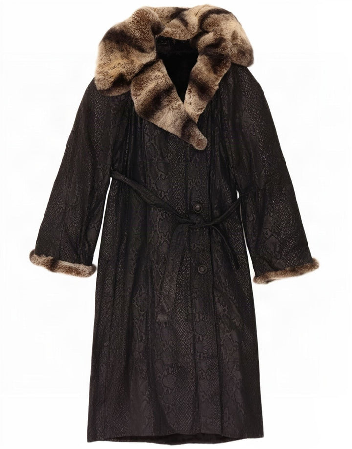 Casaco de couro feminino vintage Reino Unido 10 pequeno preto com estampa animal