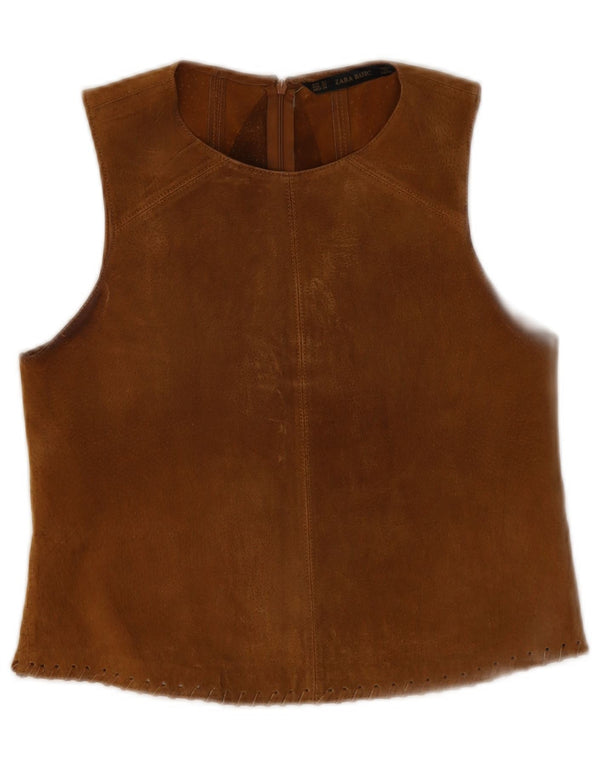 Blusa feminina de camurça sem mangas Zara UK 6 XS couro bege