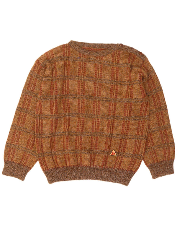 Suéter vintage masculino com gola canoa e acrílico grande marrom xadrez