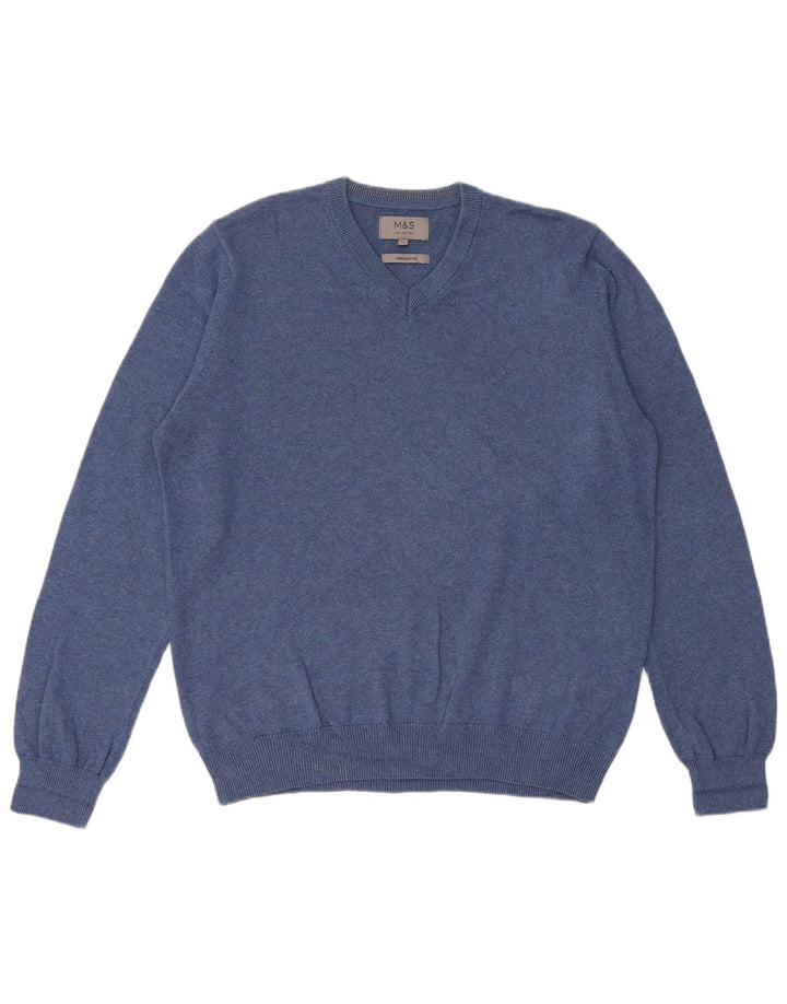 Suéter masculino MARKS & SPENCER com decote em V de algodão azul médio