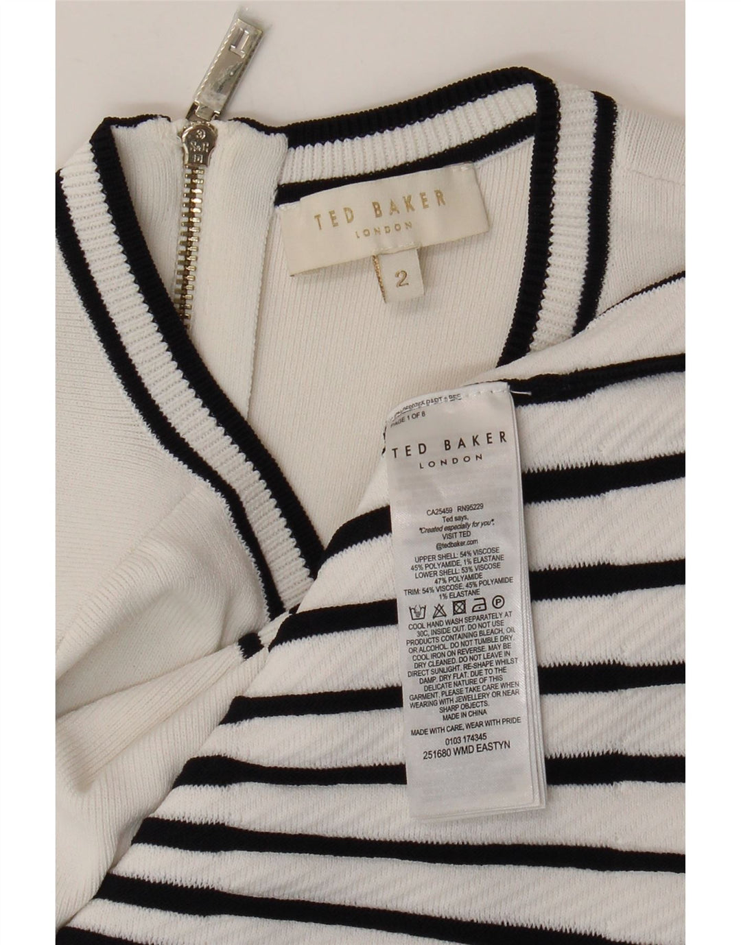 Vestido sereia feminino sem mangas Ted Baker tamanho 2 listrado branco pequeno