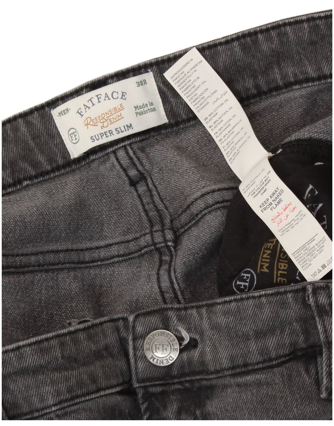 FAT FACE Masculino Super Slim Jeans W38 L31 Algodão Cinza