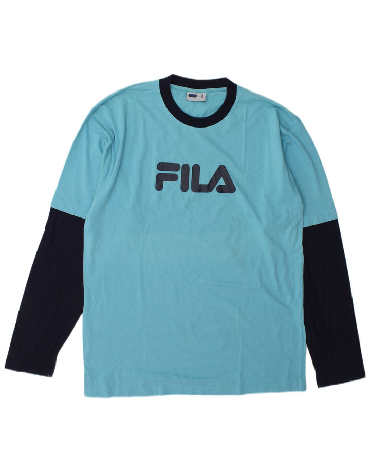 Fila Mens Graphic Top manga comprida grande bloco colorido azul