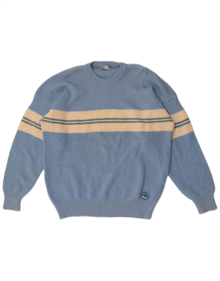 Suéter vintage masculino com gola redonda IT 50 lã listrada azul média
