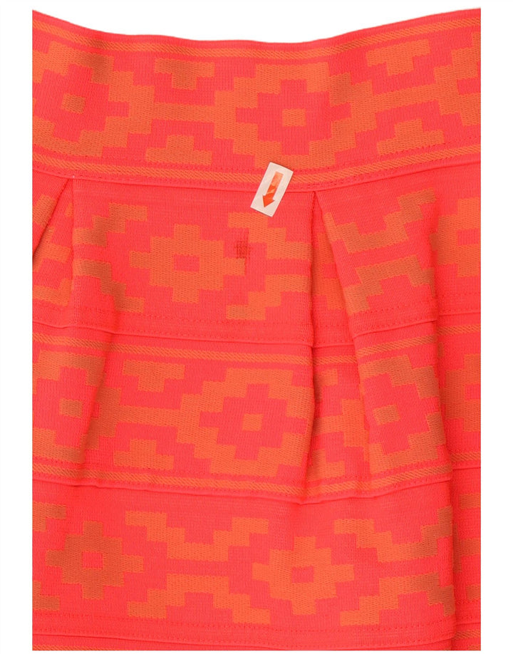 Saia feminina vintage evasê UK 14 médio W28 poliéster geométrico laranja