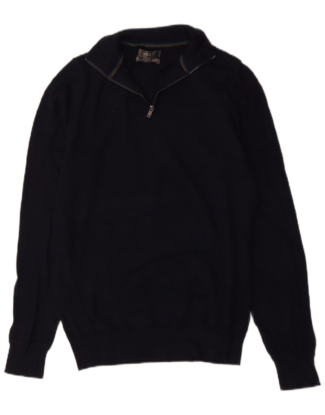 Suéter masculino Marks & Spencer com zíper e gola pequena de lã merino azul marinho