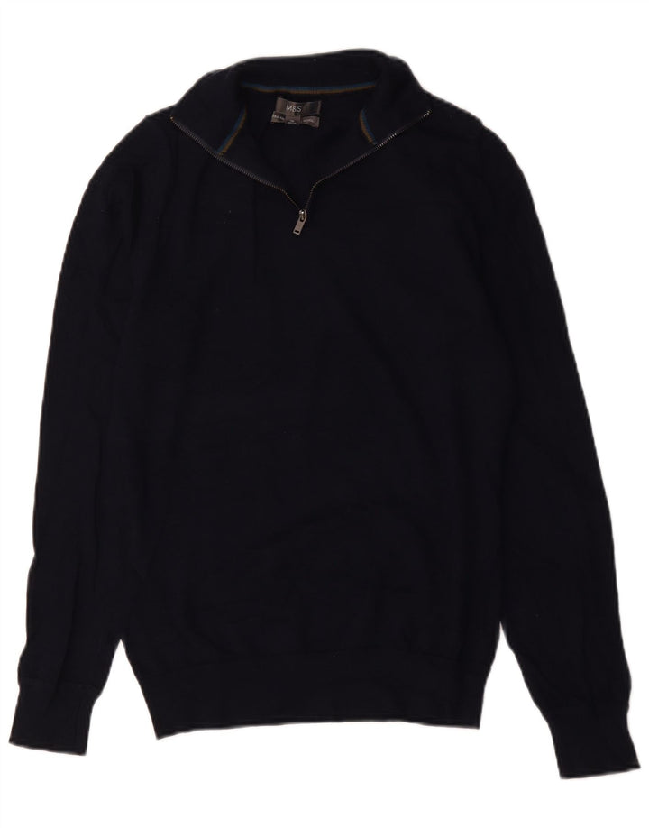 Suéter masculino Marks & Spencer com zíper e gola pequena de lã merino azul marinho