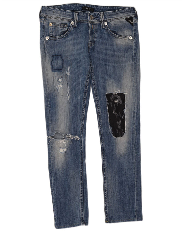 Jeans slim femininos desgastados REPLAY W32 L29 azul