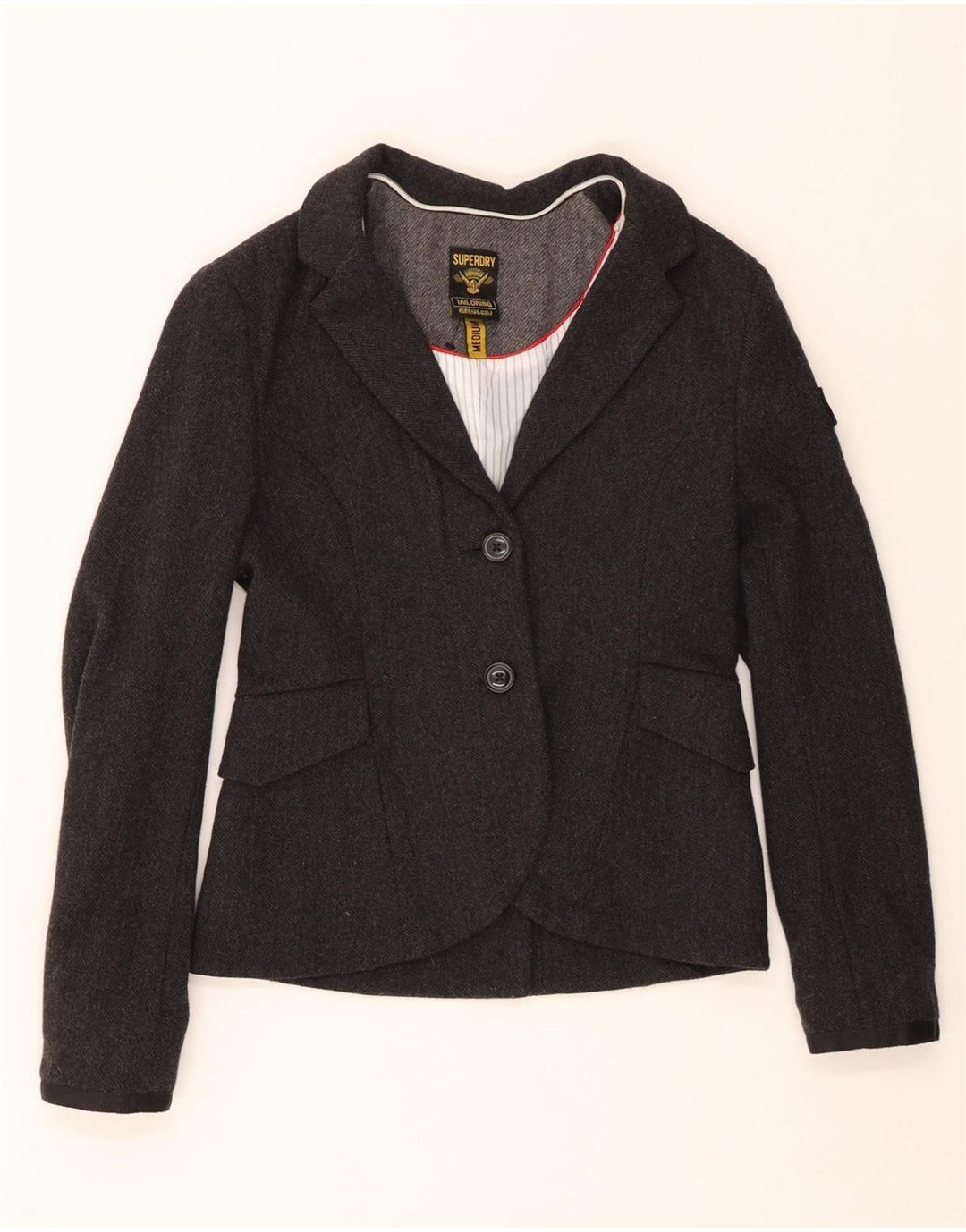 Jaqueta blazer feminina SUPERDRY com 2 botões Reino Unido 12 lã espinha de peixe cinza médio