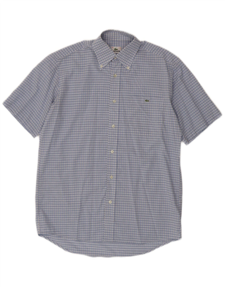 Lacoste camisa masculina de manga curta tamanho 40 algodão xadrez azul médio