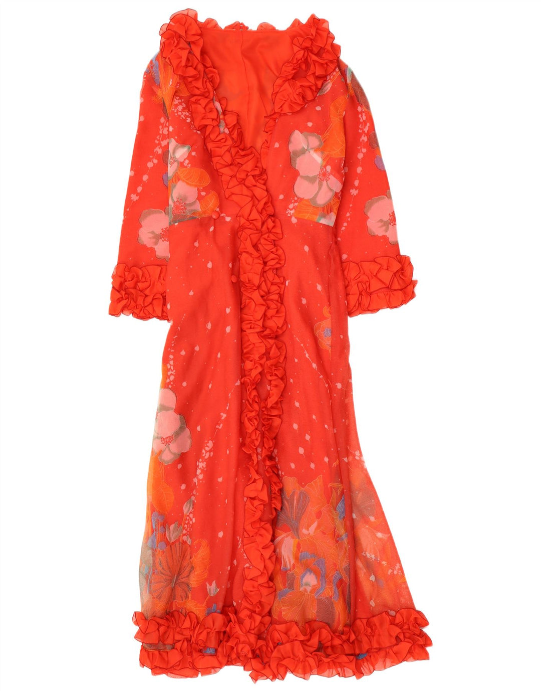 Vestido maxi feminino VINTAGE com babados e roupão uk 12 floral vermelho médio