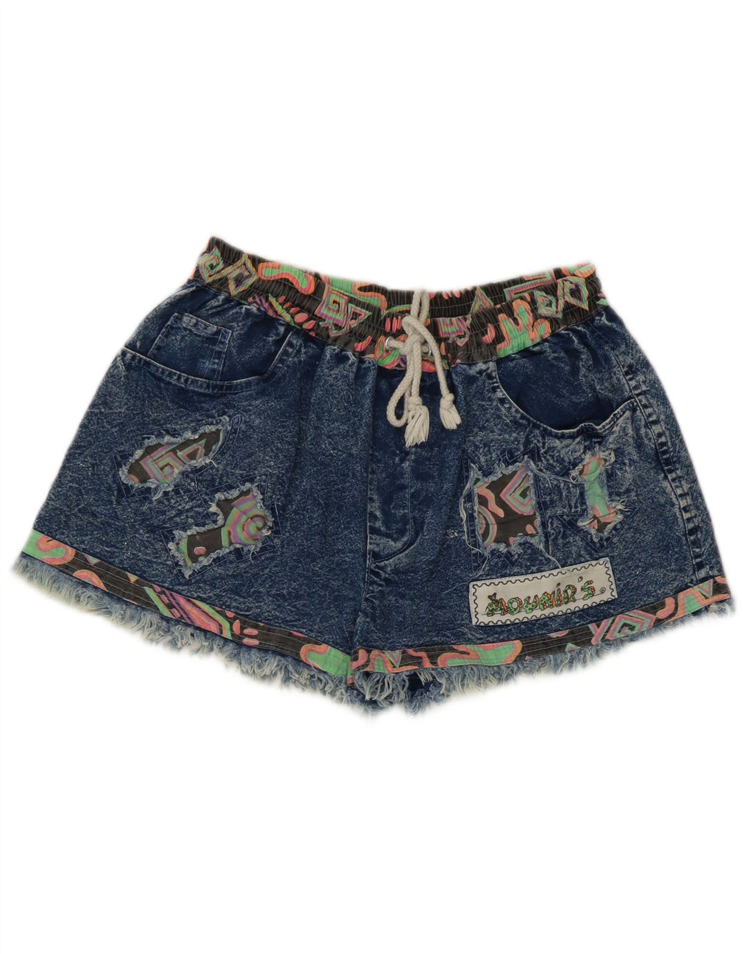Shorts jeans feminino vintage médio W28 patchwork azul
